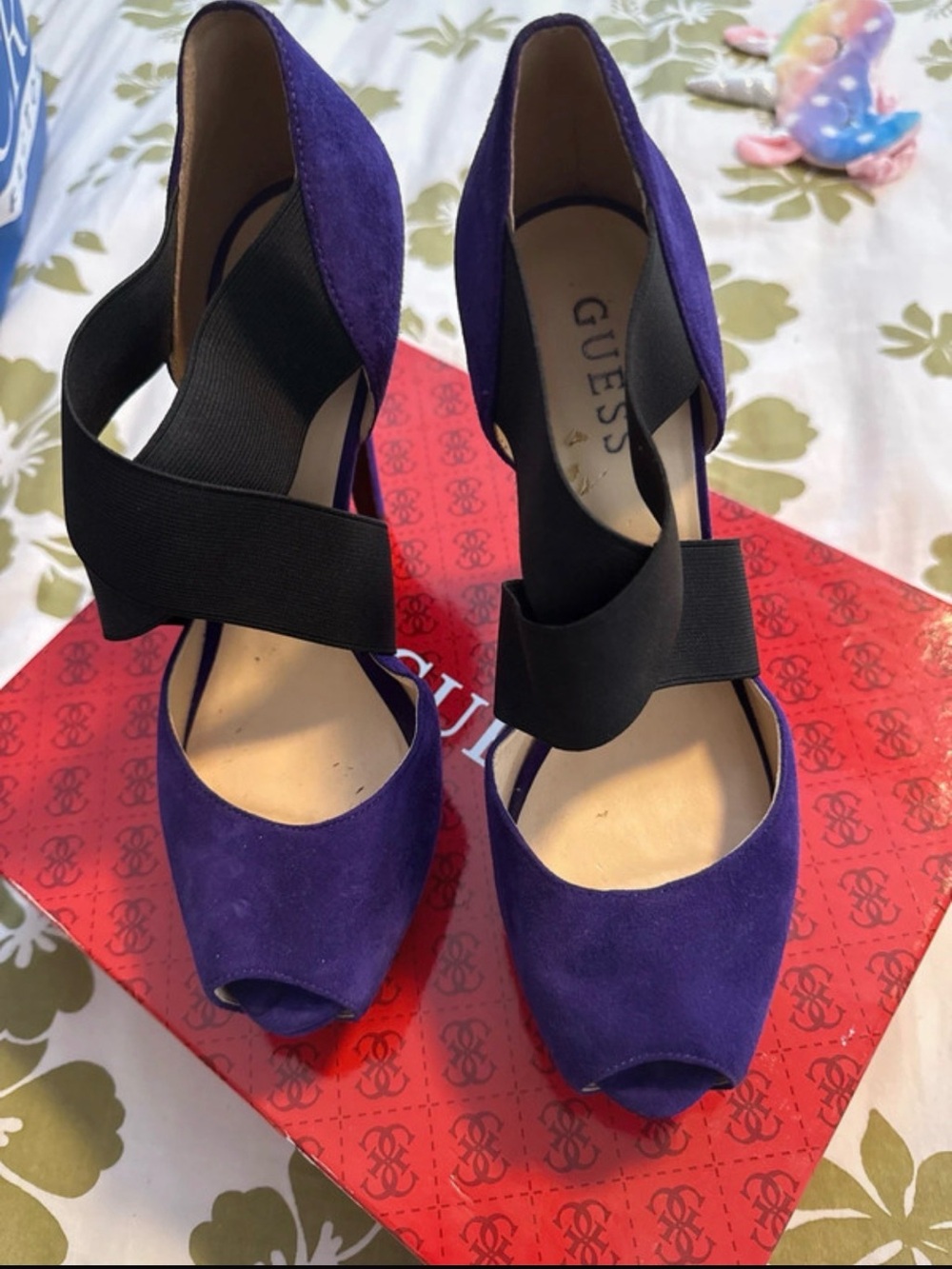 GUESS Violet Suede Peep-Toe Heels with Black Elastic Wrap Straps